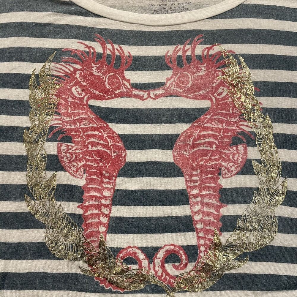 Workshop Top Seahorses Gold Accent Sleeveless TShirt Scoop Neck Cropped Striped